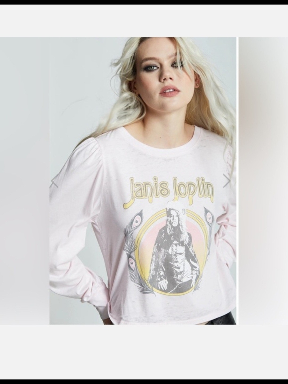Recycled Karma Light Pink Janis Joplin Graphic Long Bubble Sleeve Tee
